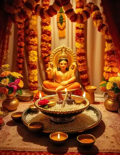 Diwali Home D Traditional Diwali setup with Laxmi idol and marigold garlandsecor | Traditional Diwali Laxmi Pooja Setup with Marigold Garlands | Diwali Home Decor | Decorations Guru