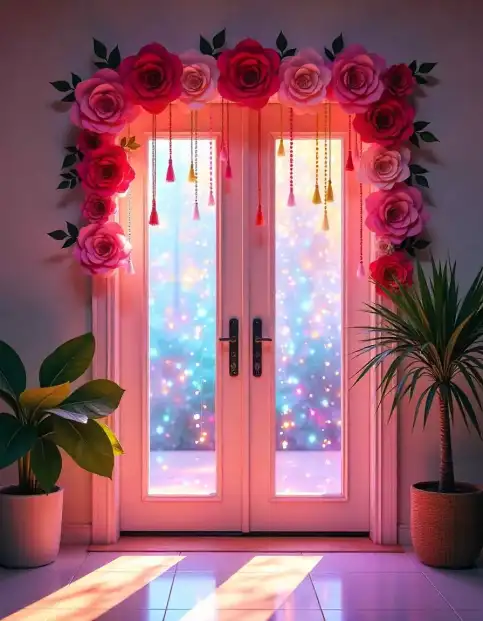 Festive Diwali doorway decorated with flowers and lights | Floral Diwali Doorway Decoration with Lights | Diwali Home Decoration Ideas | Decorations Guru