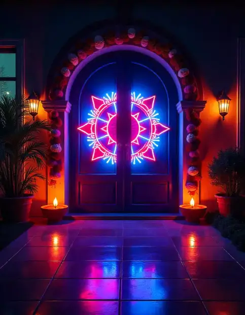 Vibrant Diwali neon rangoli decoration on doorway with diya lights | Neon Rangoli Doorway Decor | Diwali Home Decorations | Decorations Guru