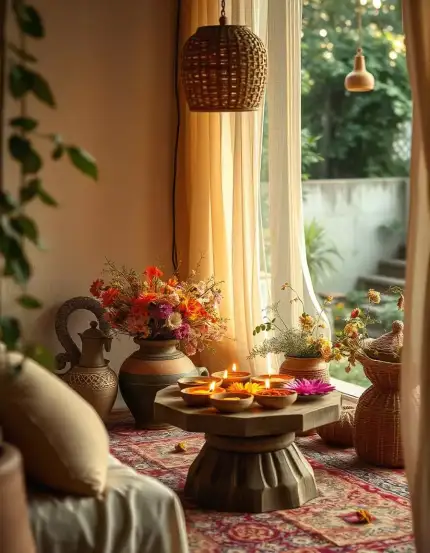 Diwali decoration with floor diyas, flowers, and ethnic home décor | Traditional Diwali Floor Setting with Diyas and Floral Arrangements | Diwali Home Decorations | Decorations Guru