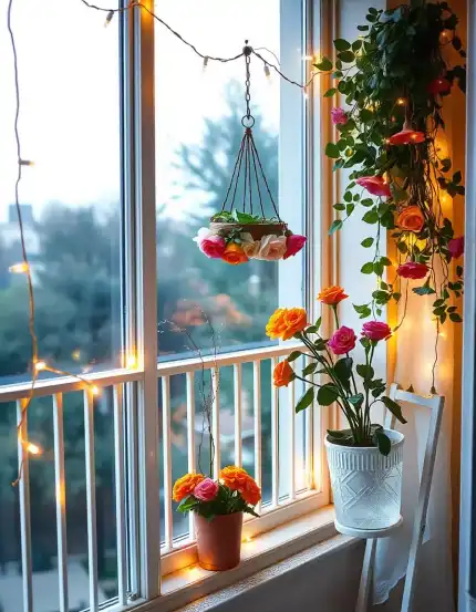 Window adorned with vibrant flowers and warm fairy lights for Diwali celebration | Elegant Floral Window Display with Fairy Lights for Diwali | Diwali Home Decorations | Decorations Guru