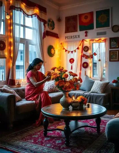 Woman decorating her living room with marigold flowers and traditional Diwali lights | Cozy Diwali Home Decoration with Traditional Touch | Diwali Home Decorations | Decorations Guru