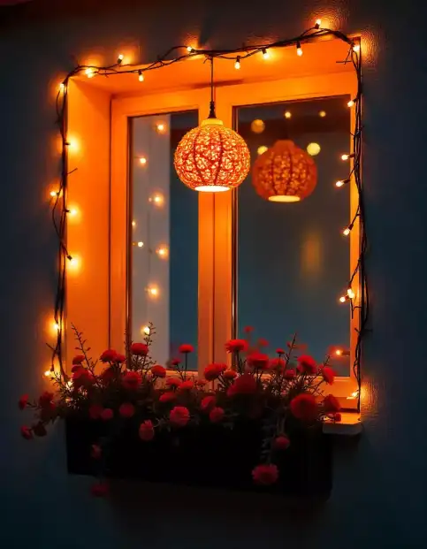 Diwali window decoration with string lights and hanging lantern | Beautiful Diwali Window Decoration with String Lights and Lantern | Diwali Home Décor | Decorations Guru