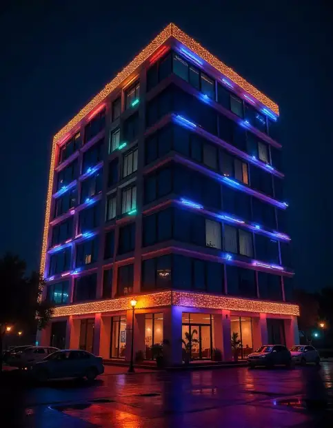 Building decorated with colorful LED lights for Diwali festival | Festival Lighting for Building Exteriors | Diwali Lighting | Decorations Guru