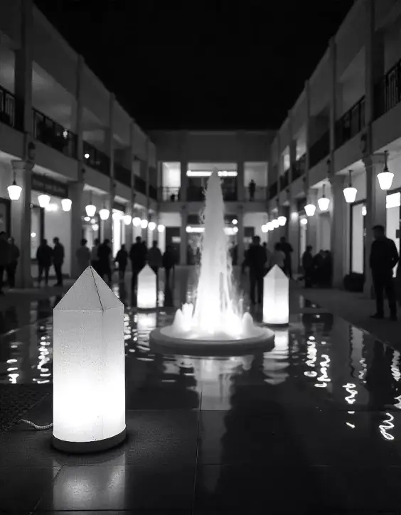 Beautiful night-time view of a modern courtyard with illuminated fountain and decorative light structures. | Modern Diwali Fountain Lighting Decoration Ideas for 2024 | Diwali Lighting Decoration | Decorations Guru