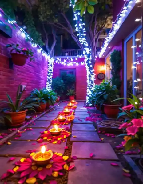 Diwali pathway decorated with diya lamps, flower petals, and festive lights | Diwali Pathway Decoration with Diya Lamps, Flower Petals, and Fairy Lights | Diwali Lighting Ideas | Decorations Guru