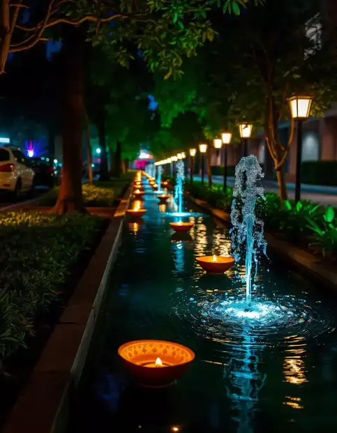 Diwali outdoor fountain decorated with floating diyas and festive lights at night | Outdoor Diwali Fountain Decoration with Floating Diyas and Lights | Diwali Outdoor Decoration | Decorations Guru