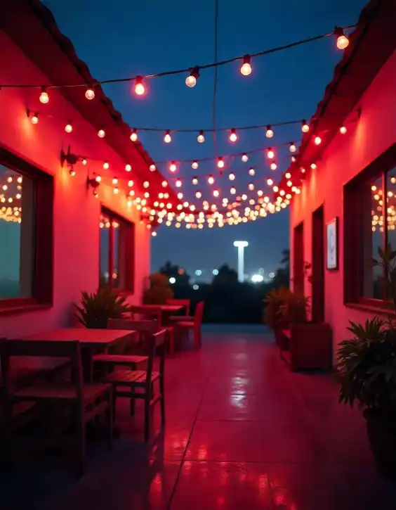 A beautifully lit outdoor patio with red string lights creating a warm festive ambiance. | Outdoor String Light Patio Decoration for Diwali | Diwali Outdoor Decorations | Decorations Guru