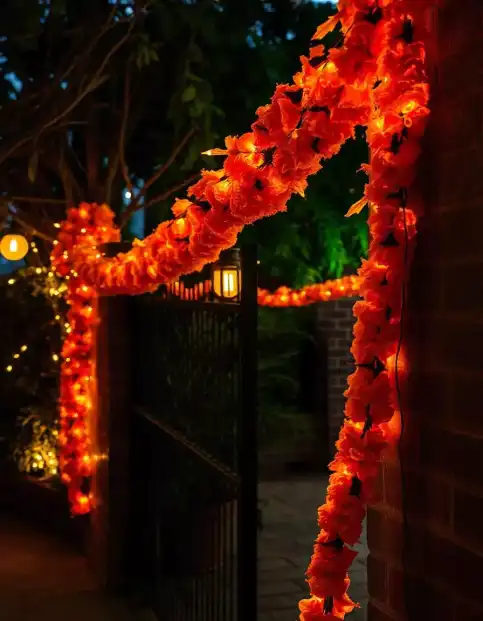 Outdoor marigold garland with string lights for Diwali decoration | Outdoor Marigold Garland with String Lights | Diwali Outdoor Decorations | Decorations Guru