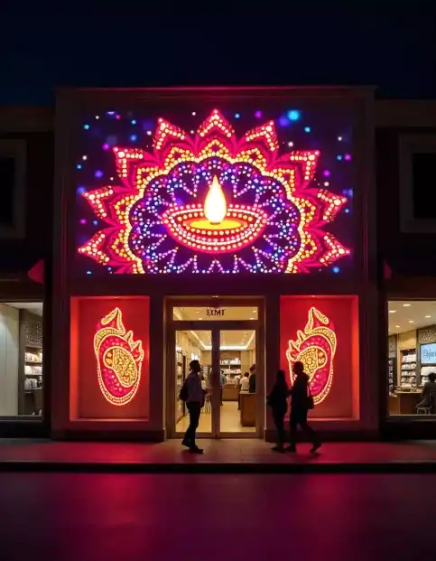 Vibrantly lit storefront adorned with Diwali-themed lights, diyas, and rangoli patterns | Illuminated Diwali Storefront with Rangoli and Diyas | Diwali Outdoor Decorations | Decorations Guru