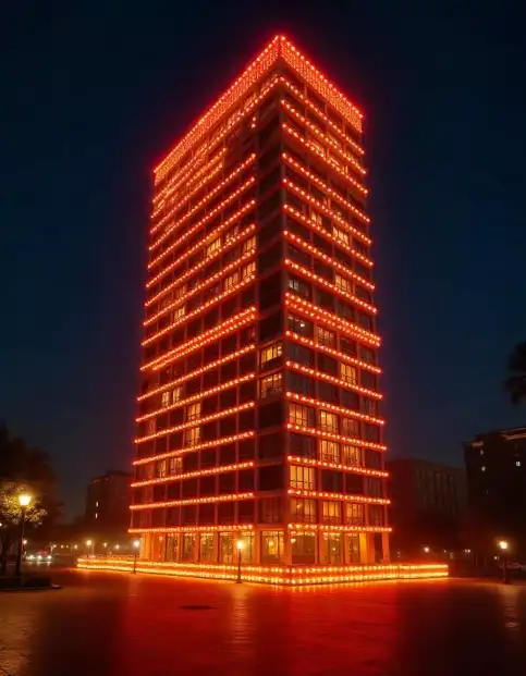 High-rise building illuminated with vibrant red lights for Diwali celebration | High-Rise Building Diwali Lighting with Festive Illumination | Diwali Outdoor Decorations | Decorations Guru