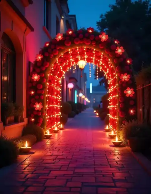 Beautiful Diwali floral archway with diyas and lights for outdoor decoration | Illuminated Floral Archway with Diyas for Diwali | Diwali Outdoor Decorations | Decorations Guru