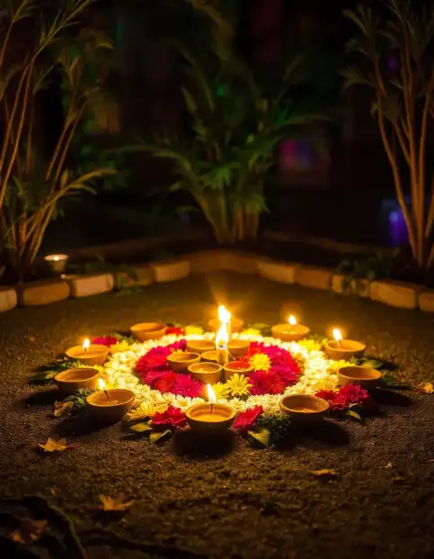 Diwali rangoli with diyas and flowers arranged in a circular design | Diwali Rangoli with Diyas and Flowers | Diwali Outdoor Decorations | Decorations Guru