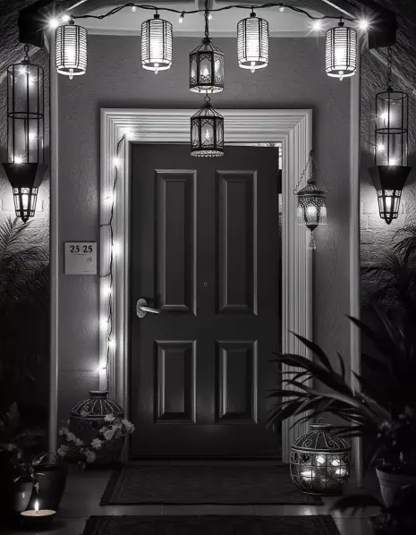 Black door decorated with Diwali lights and lanterns | Elegant Diwali Door Lighting Décor | Diwali Outdoor Decorations | Decorations Guru