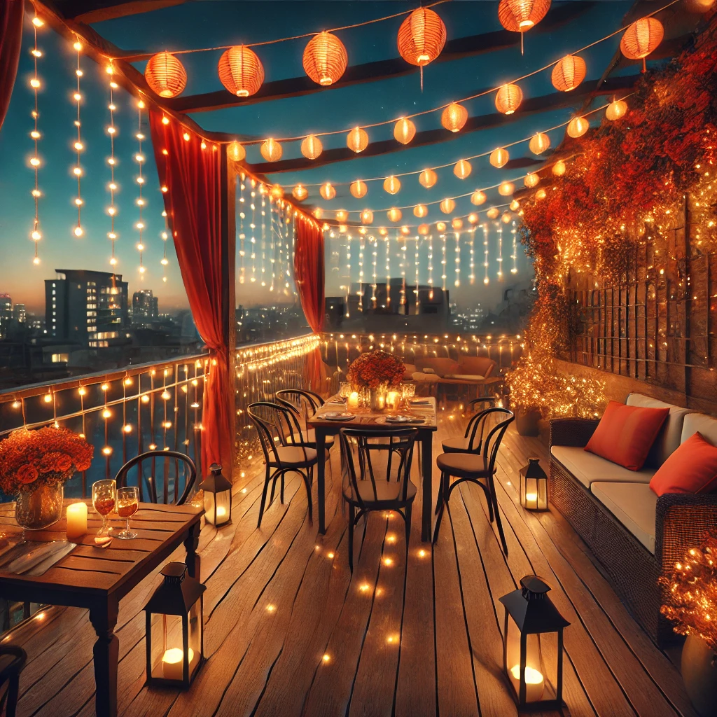 Diwali terrace decorated with lanterns and string lights for a festive ambiance | Romantic Diwali Terrace Decoration | Diwali Outdoor Decorations | Decorations Guru