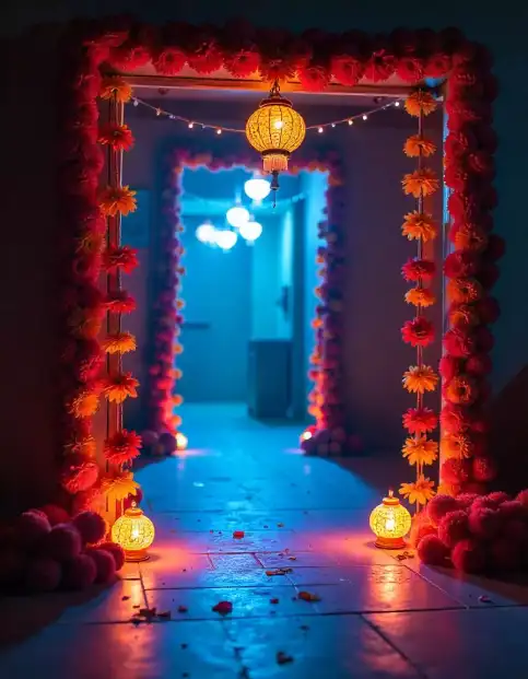 Floral archway decorated with bright marigold garlands, glowing lanterns, and traditional diyas for Diwali | Vibrant Floral Archway with Lanterns for Diwali Celebration | Diwali Outdoor Décor Ideas | Decorations Guru