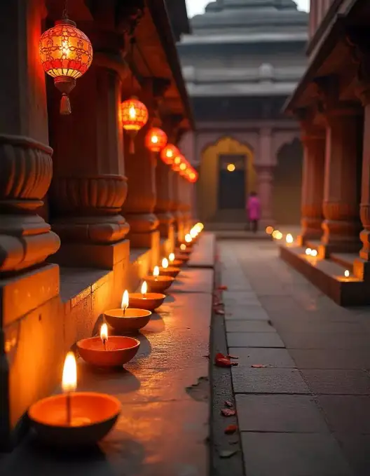 Lit clay diyas and hanging lanterns along a temple corridor for Diwali celebration | Traditional Diya Pathway with Hanging Lanterns for Diwali | Diwali Outdoor Festival Decorations | Decorations Guru