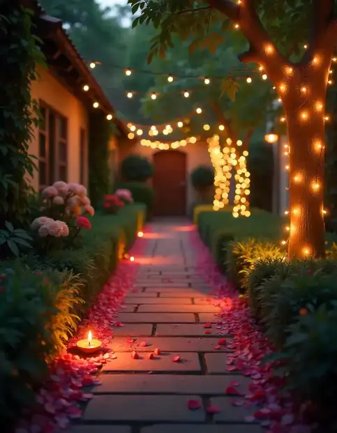 Glowing pathway decorated with Diwali lights, diyas, and flower petals at night | Diwali Pathway Illumination with String Lights and Diyas | Diwali Outdoor Pathway Decorations | Decorations Guru