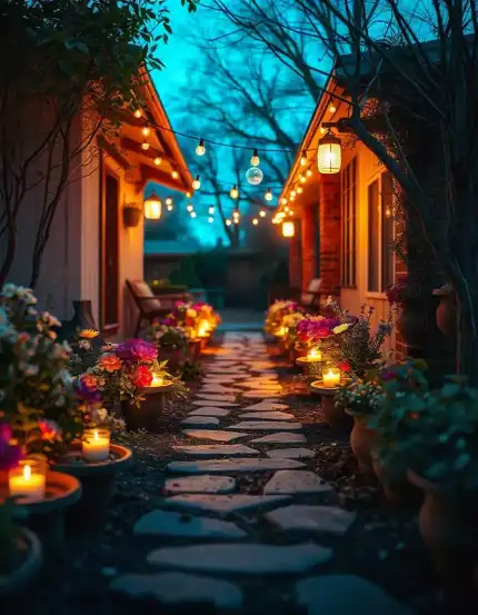 Diwali outdoor pathway decoration with string lights, candles, and flowers creating a festive ambiance | Cozy Outdoor Pathway Diwali Decoration with String Lights and Diyas | Diwali Pathway Decor Ideas | Decorations Guru