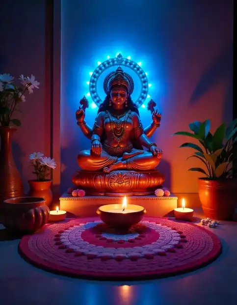 Laxmi idol with diyas, flowers, and colorful rangoli for Diwali Pooja | Traditional Laxmi Pooja Decoration with Diyas and Flowers | Diwali Pooja Room Decor | Decorations Guru