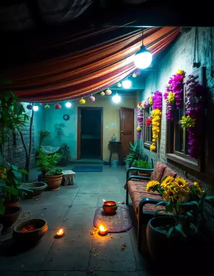 Festive Diwali porch decoration with marigold garlands, lights, and traditional decor items | Traditional Diwali Porch Decoration with Lights and Marigold Flowers | Diwali Porch Decor | Decorations Guru