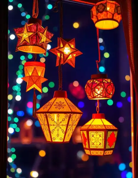 Colorful star-shaped lanterns glowing for Diwali festival decorations | Diwali Hanging Lanterns with Star Design | Diwali Street and Outdoor Decorations | Decorations Guru