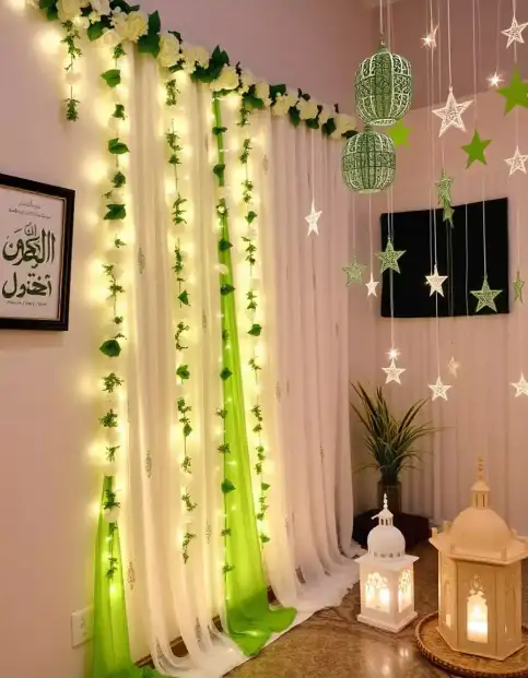 Eid home decoration with star-shaped lights, lanterns, and green hanging décor. | Festive Lantern and Star Eid Decorations for Home | Eid Al-Adha Decorations | Decorations Guru