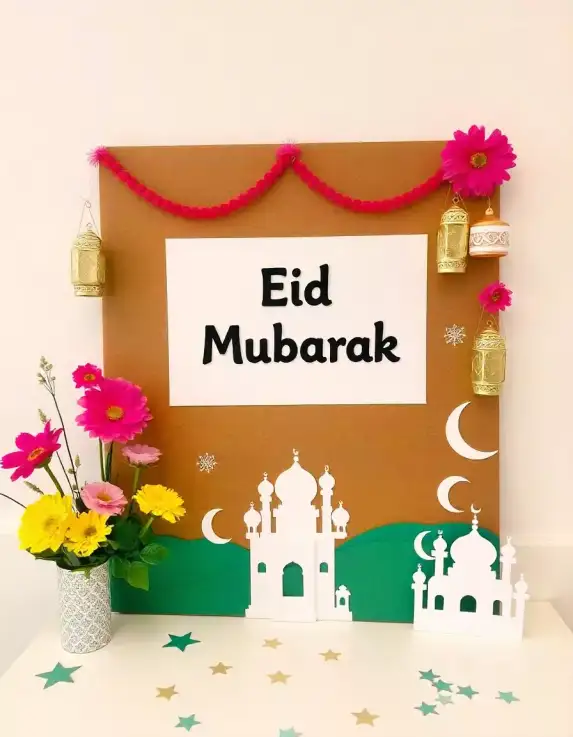 Eid Mubarak board with mosque cutouts, hanging lanterns, and colorful flowers | Eid Mubarak Board with Mosque Cutouts and Lanterns | Eid al-Fitr | Decorations Guru