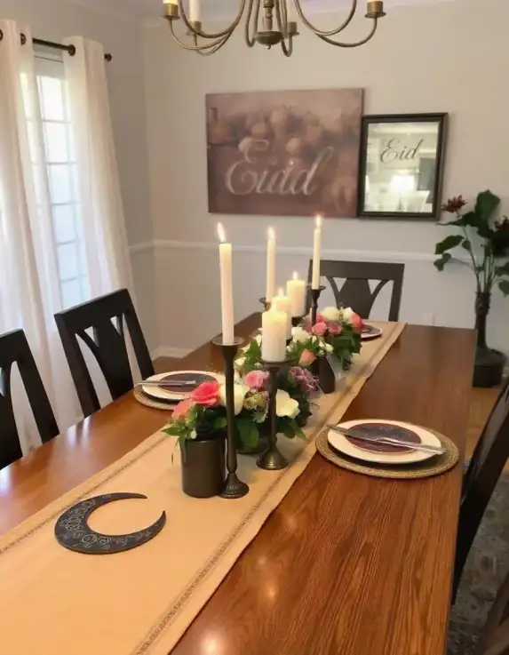 Eid dining table decor with candles, flowers, and crescent moon accent | Elegant Eid Dining Table Setup for Festive Gatherings | Eid Decoration Ideas for Home | Decorations Guru