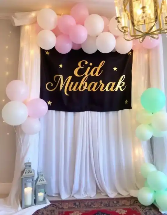 Eid Mubarak backdrop with balloons and lanterns | Eid Mubarak Celebration Backdrop | Eid Decorations | Decorations Guru