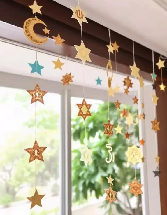 Eid Mubarak star and crescent hanging decoration with golden stars and symbols for home decor | Eid Mubarak Star and Crescent Hanging Decoration Ideas for Your Home | Eid Decorations | Decorations Guru