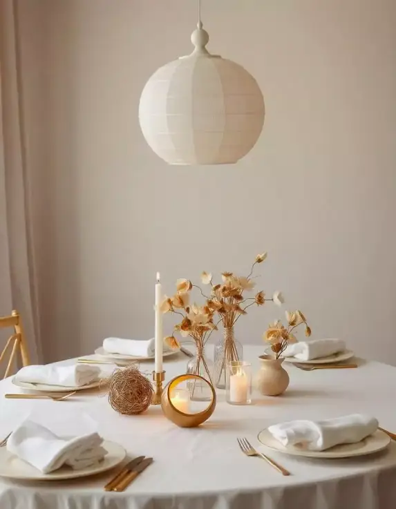 Minimalist Eid table décor with golden accents, soft lighting, and white flowers | Elegant Eid Table Décor with Minimalist Golden Touches | Eid Festival Decoration Ideas | Decorations Guru