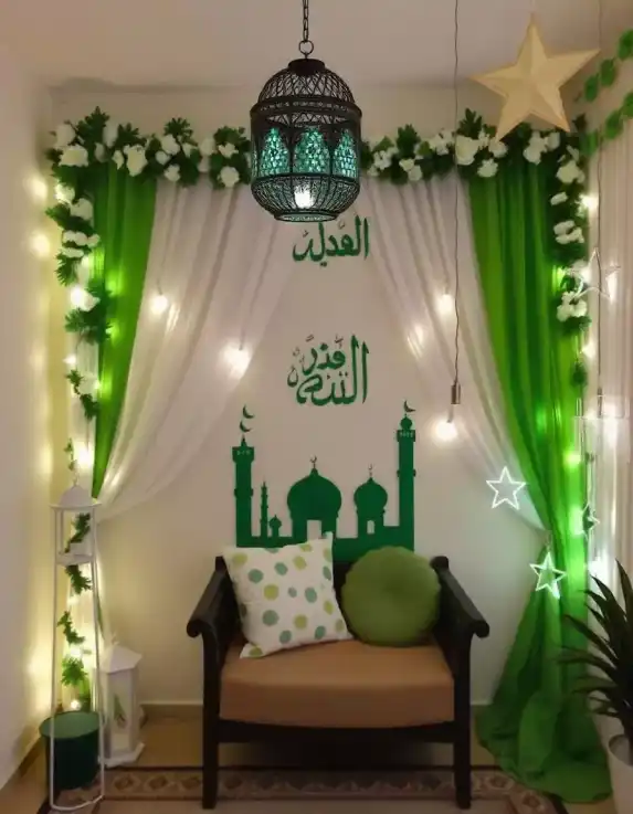 Elegant Eid Al-Fitr home decoration featuring green and white drapes, hanging lights, and Islamic calligraphy. | Peaceful Eid Al-Fitr Green and White Living Room Setup | Eid Festival Decorations | Decorations Guru