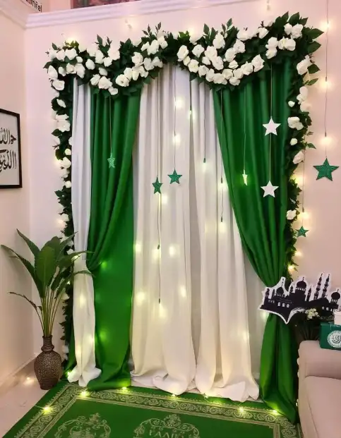 Green and white curtain backdrop with floral and star decorations for Eid celebration | Green and White Eid Curtain Backdrop | Eid Festival Decorations | Decorations Guru