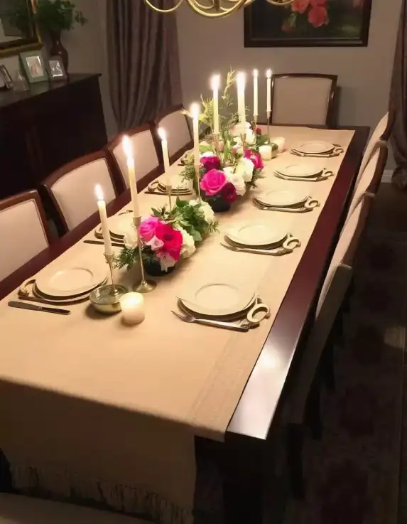 Elegant Eid dinner table setup with candles and floral centerpieces | Elegant Candlelight Eid Dinner Table Setup | Eid Festival Decorations (Indoor dining) | Decorations Guru