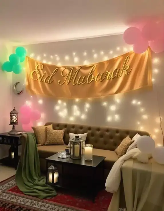 Beautiful Eid Mubarak home décor with golden banner, balloons, lanterns, and string lights. | Cozy Eid Mubarak Living Room with Lanterns and Balloons | Eid Festival Home Decoration | Decorations Guru