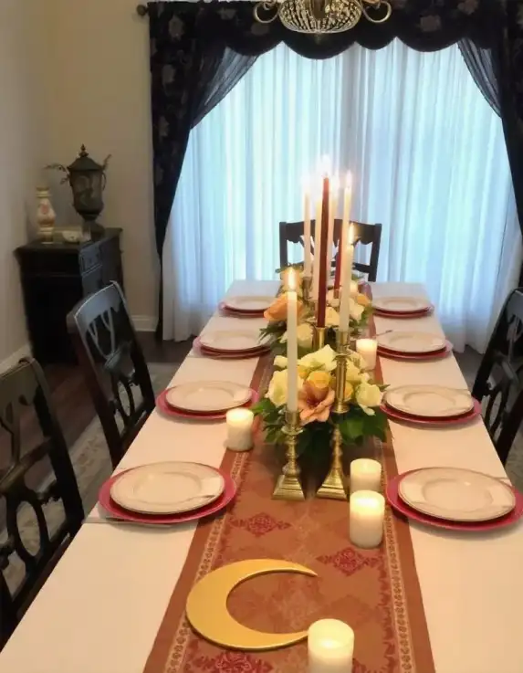 Candlelit Eid dinner table with floral centerpiece and crescent decoration | Elegant Eid Candlelight Table Setup | Eid Table Decor | Decorations Guru