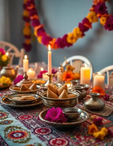 Diwali table decoration with candles, sweets, and colorful garland | Vibrant Diwali Table Décor Ideas for an Elegant Celebration | Festival Decoration | Decorations Guru