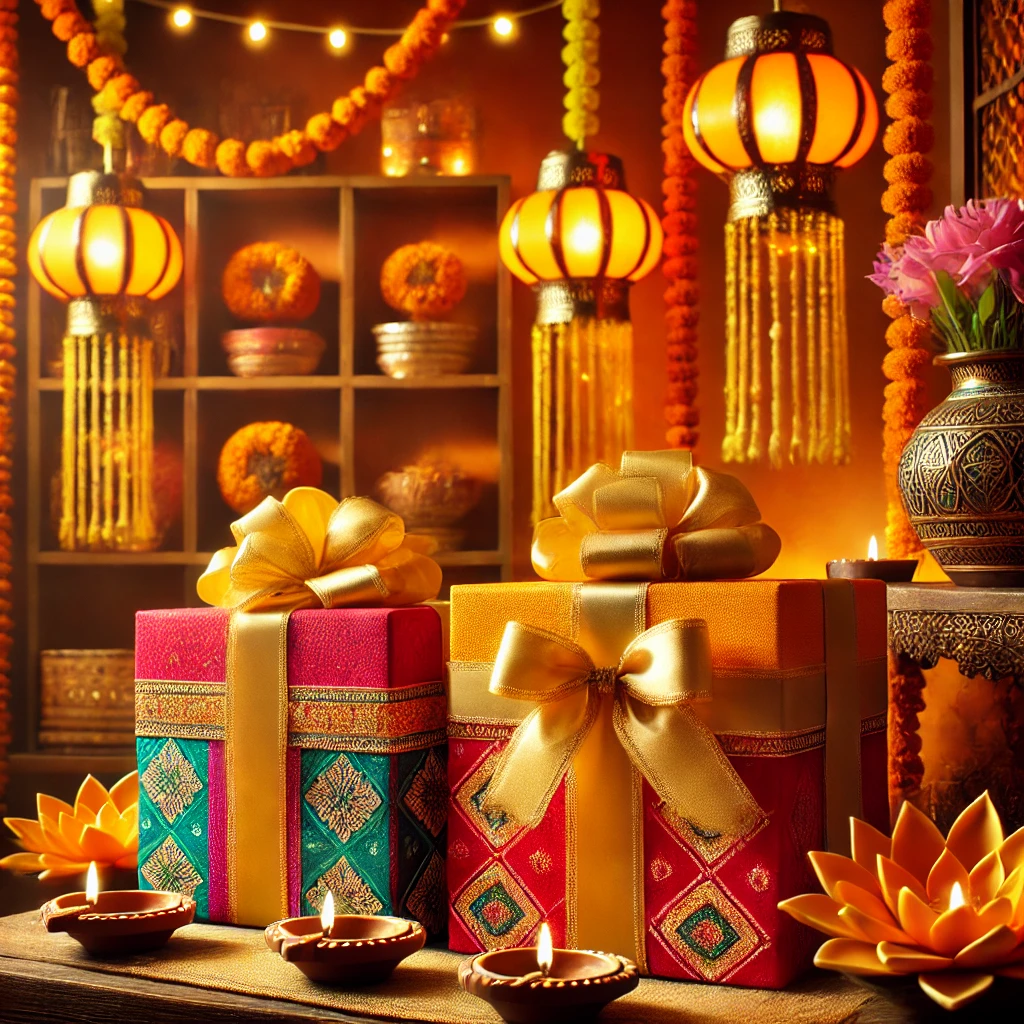 Beautiful Diwali gift boxes with golden ribbons, surrounded by traditional diyas and lanterns in a festive setting | Diwali Gift Decor with Diyas and Lanterns | Festival Decoration | Decorations Guru