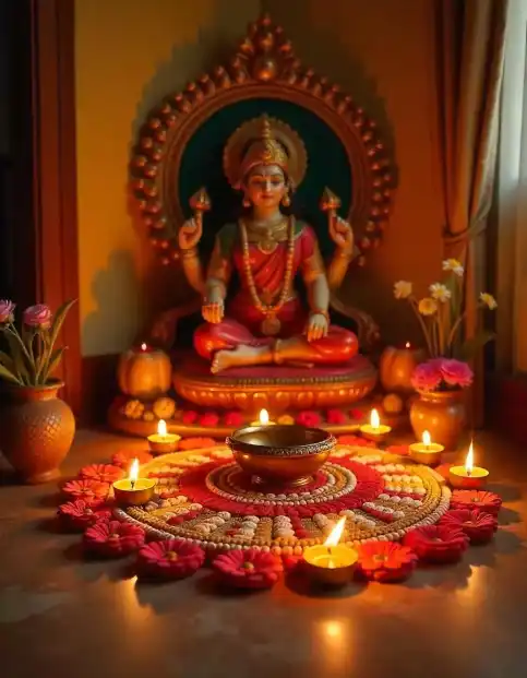 Traditional Diwali puja setup with Lakshmi idol, rangoli, and diyas for festive decor | Traditional Diwali Puja Decor with Rangoli and Diyas | Festival Decoration Ideas | Decorations Guru