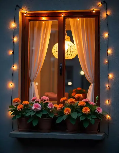 Diwali window decoration with marigold flowers and warm fairy lights | Festive Window Decoration for Diwali | Festival Decoration Ideas | Decorations Guru