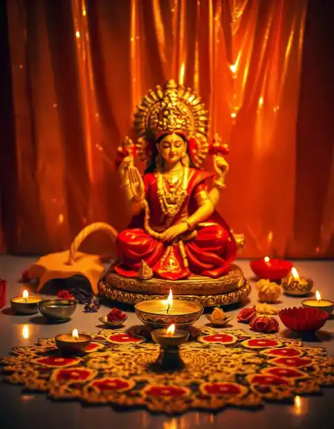 Lakshmi Puja setup with diyas, rangoli, and flowers for Diwali celebration | Lakshmi Puja Diwali Decoration | Festival Decoration Ideas | Decorations Guru