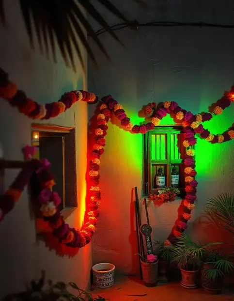 Diwali marigold garland and green-red lighting decoration in an outdoor setting | Diwali Marigold Garland and Light Decoration | Festival Decoration Ideas | Decorations Guru