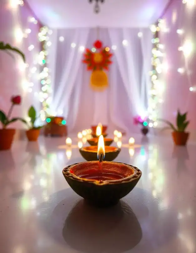 Beautiful indoor Diwali decoration with glowing diyas and string lights | Elegant Indoor Diwali Décor with Diyas and String Lights | Festival Decoration Ideas - Indoor | Decorations Guru