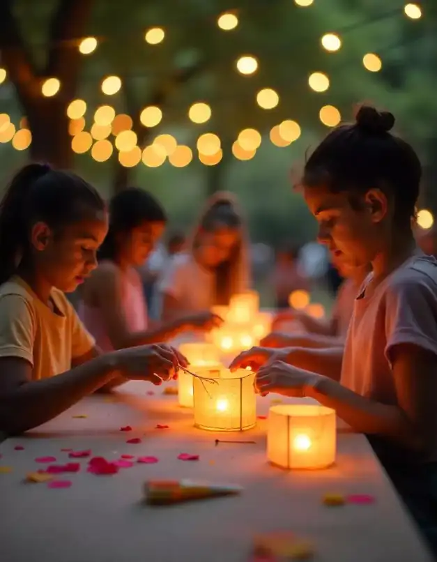 Children lighting diyas outdoors during Diwali celebration under festive lights | Outdoor Diwali Celebration with Children Lighting Diyas | Festival Decoration Ideas - Outdoor | Decorations Guru