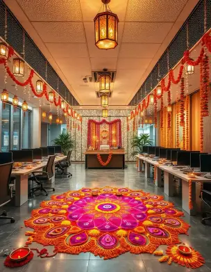 Beautiful office Diwali decoration with rangoli and marigold garlands | Office Diwali Decoration Ideas for a Festive Ambiance in 2024 | Festival Decorations - Office Decor | Decorations Guru