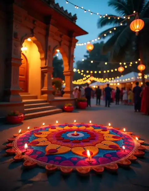 Colorful Diwali Rangoli with diyas and festive string lights illuminating the outdoor setting | Rangoli Diya Decoration with Festive Lights | Festival Decorations Outdoor | Decorations Guru