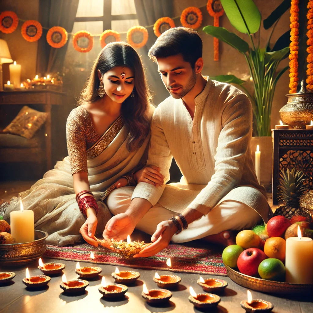 A couple lighting diyas in traditional attire during Diwali celebrations | Traditional Diya Arrangement and Couple Celebrating Diwali | Festival Décor | Decorations Guru