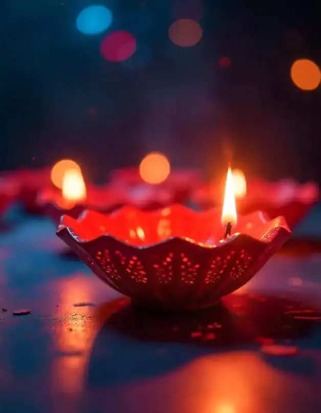 Beautiful traditional red diya with glowing flame for Diwali decoration | Elegant Diwali Diya Decoration Ideas for a Warm and Festive Ambiance | Festival Décor Ideas | Decorations Guru