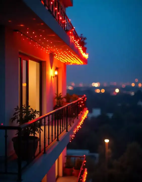 alcony decorated with festive lights for Diwali celebration | Balcony Festive Lighting for Diwali | Festival Décor Ideas | Decorations Guru